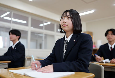 ノートにメモを取っている生徒